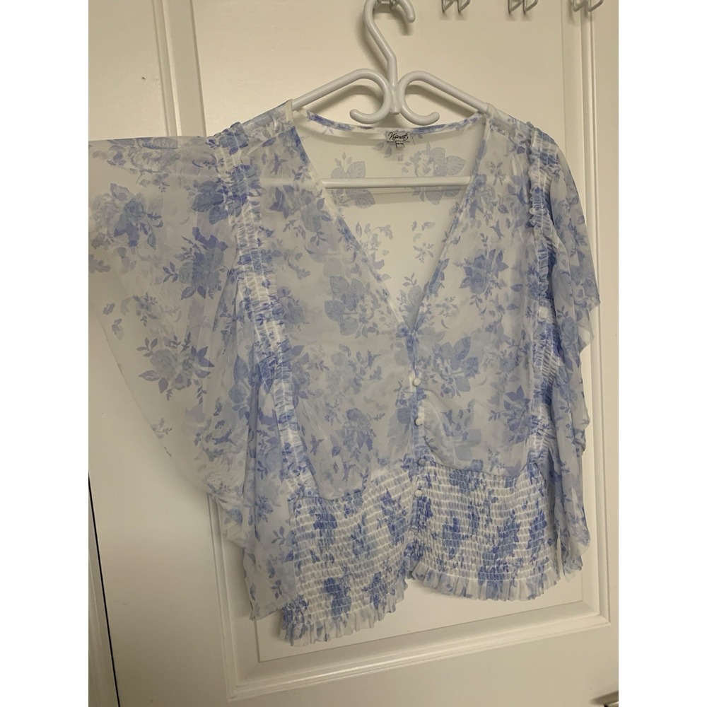 Kismet Floral Flutter Sleeve Smocked Mesh Blouse XXL White Blue Romantic Boho